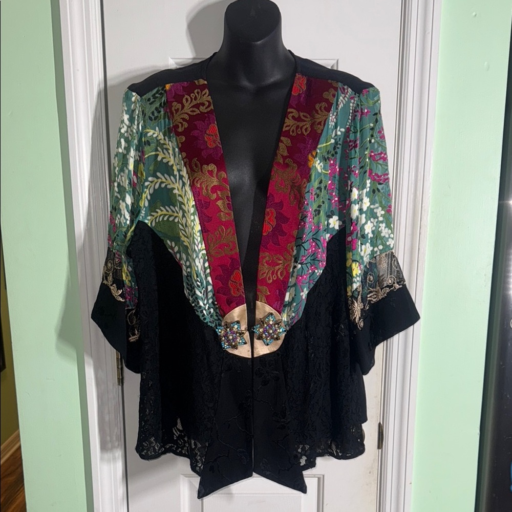 Spencer Alexis Black Boho Lace Floral Kimono Tapestry Silk Blend Jacket Size 1X